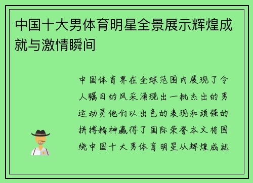 中国十大男体育明星全景展示辉煌成就与激情瞬间