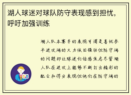 湖人球迷对球队防守表现感到担忧，呼吁加强训练